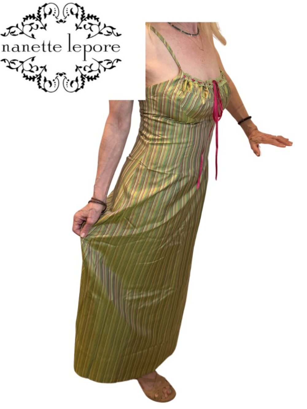 Vintage Nanette Lepore Silk Stripe - Green & Gold Sz 4 (small)